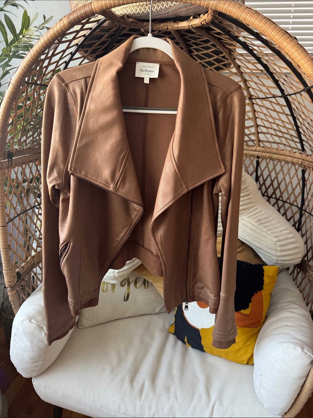 bohme Brown Faux-Leather Draped Open-Front Jacket